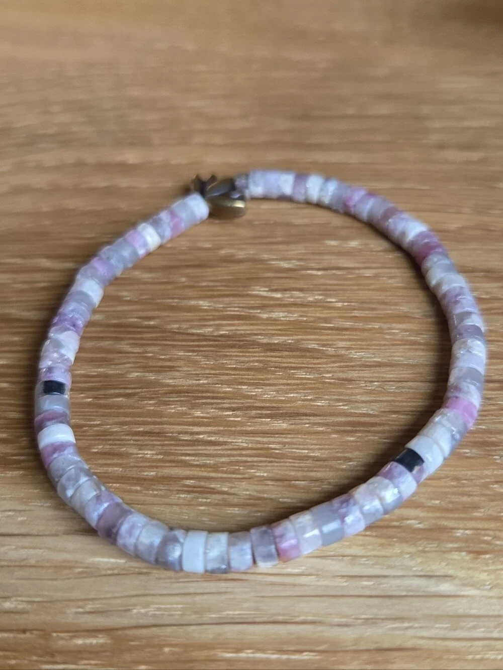 Tourmaline & Lepidolite Beaded Stretch Bracelet with Lotus Accent | Handmade